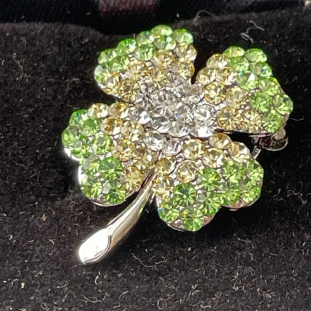 Vintage Pin - Four leaf clover green , yellow and green rhinestones